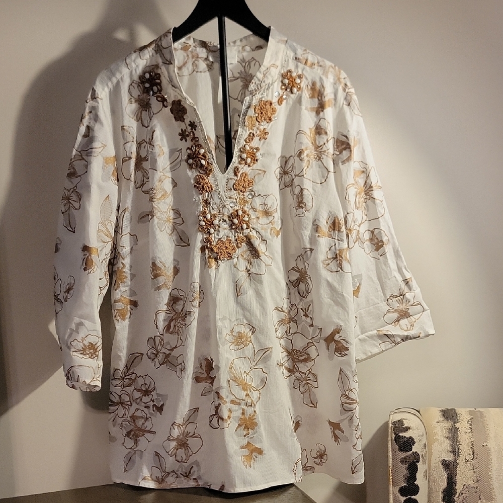 Charter Club White and Brown Embroidered Top